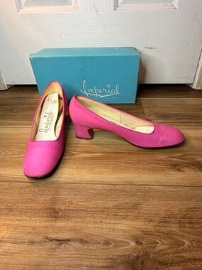 Vintage 1960s Imperial Rose Pink Silk Pumps 8.5 AAA Hot Pink Heels Original Box